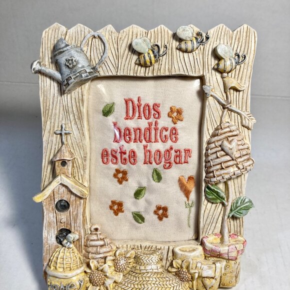 Vintage Spanish God Bless Our Home Christian Art Frame Blessing Cottage Core Bee - Picture 3 of 15